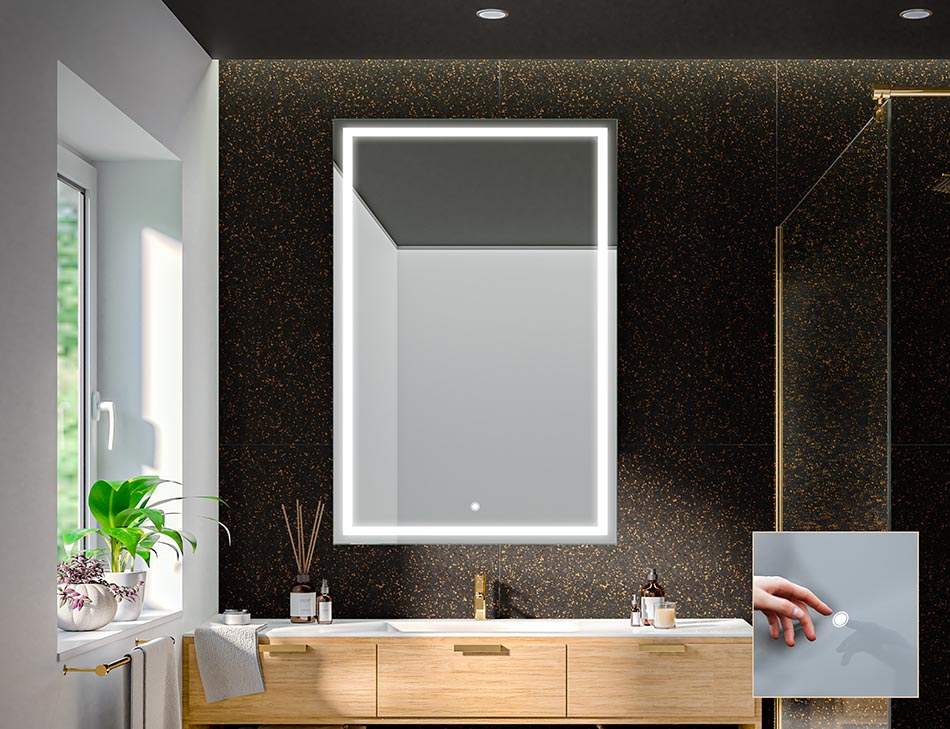 Auf Wunsch können unsere beleuchteten Spiegel mit unterschiedlichen Lichtschaltern ausgestattet werden.