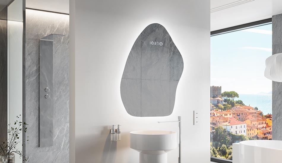 Asymmetrischer LED-Spiegel mit sanfter Hintergrundbeleuchtung – asymmetrischer spiegel | ARTFORMA