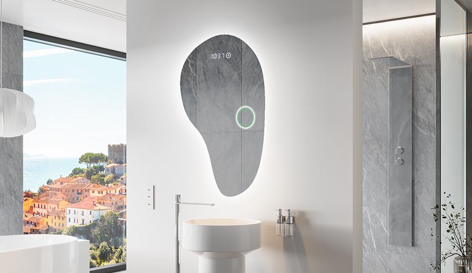 Asymmetrischer LED-Spiegel mit sanfter Hintergrundbeleuchtung – asymmetrischer spiegel | ARTFORMA