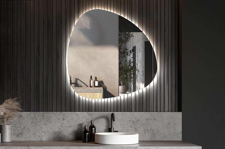 Asymmetrischer LED-Spiegel mit sanfter Hintergrundbeleuchtung – asymmetrischer spiegel | ARTFORMA