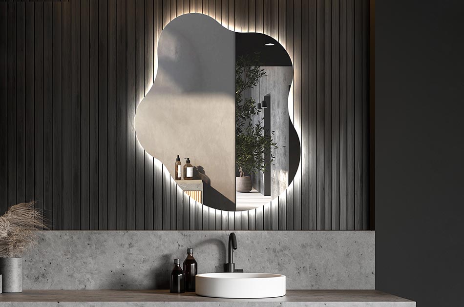 Asymmetrischer LED-Spiegel mit sanfter Hintergrundbeleuchtung – asymmetrischer spiegel | ARTFORMA