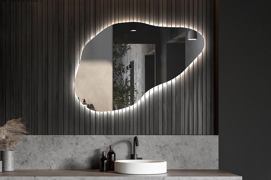 Asymmetrischer LED-Spiegel mit sanfter Hintergrundbeleuchtung – asymmetrischer spiegel | ARTFORMA