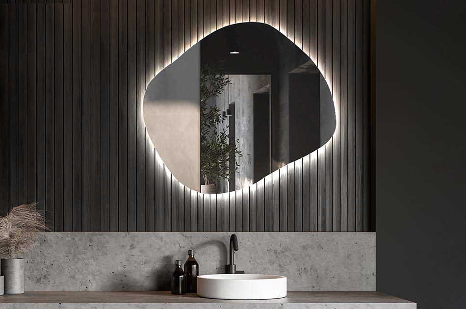 Asymmetrischer LED-Spiegel mit sanfter Hintergrundbeleuchtung – asymmetrischer spiegel | ARTFORMA