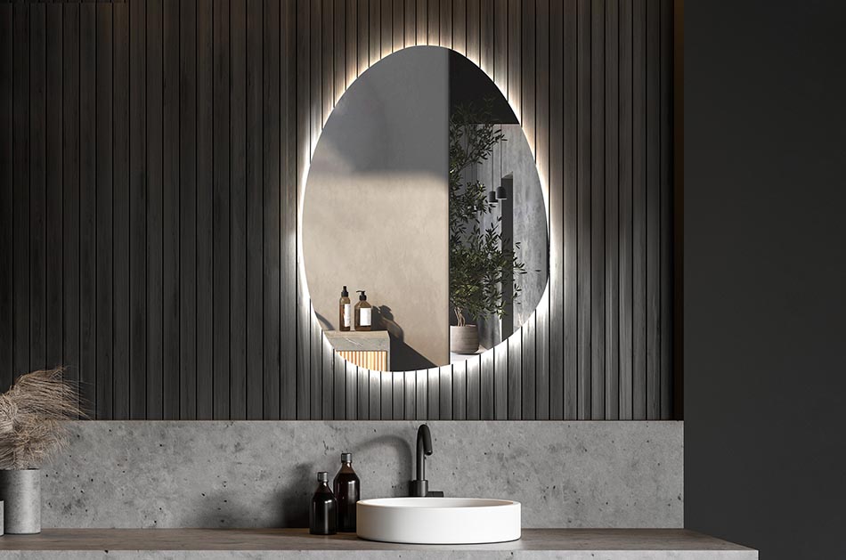 Asymmetrischer LED-Spiegel mit sanfter Hintergrundbeleuchtung – asymmetrischer spiegel | ARTFORMA