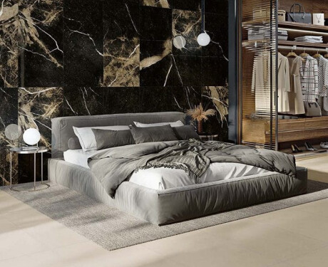 Glasierte Feinsteinzeugfliesen für den Boden, 60 x 120, schwarz mit goldenen Adern, glänzend, rektifiziert, A4H109 Pierre Black