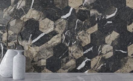 Großformatige Feinsteinzeugfliese, 120 x 280 cm, schwarz, glänzend, mit goldenen Adern, rektifiziert, A4H195 Pierre Black