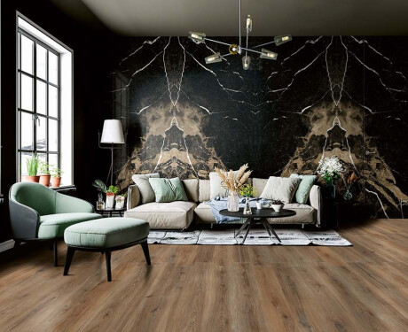 Großformatige Feinsteinzeugfliese für den Boden, 120 x 280 cm, Bookmatch, schwarz glänzend mit goldener Ader, rektifiziert, A4H203 Pierre Black