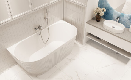 Freistehende geriffelte Badewanne Glamour 170 cm, komplett mit Siphon und Stopfen/Ablauf in Weiß