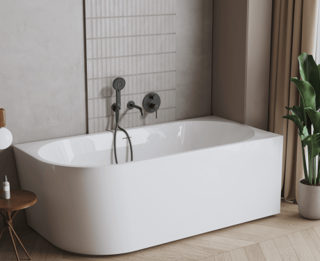 Freistehende Wandbadewanne Astri, 150 cm, rechtsseitig, komplett mit Siphon, Stöpsel und formschönem Überlauf