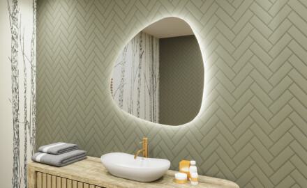 Unregelmäßiger asymmetrischer Spiegel mit LED Beleuchtung 74x74cm mit kaltem LED-Licht 7000K, warmem Licht 3000K oder neutralem Licht 4500K