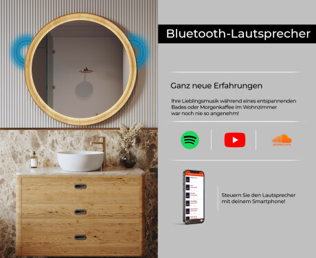 Schwarzer runder LED-Spiegel in einem Holzrahmen #7