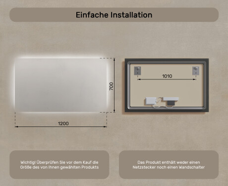 Rechteckiger Badspiegel mit LED Beleuchtung 120x70cm mit kaltem LED-Licht 7000K, warmem Licht 3000K oder neutralem Licht 4500K #7