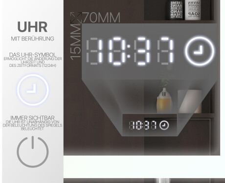 Badspiegel Mit LED L01 80x60 cm, Touch-uhr, Touch Schalter #5