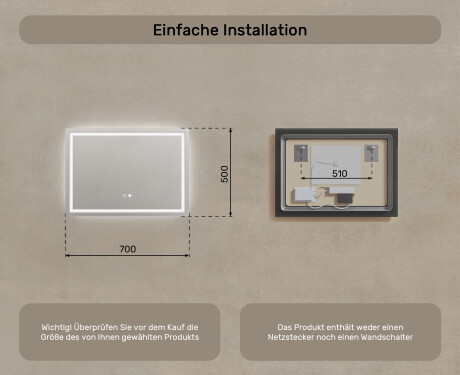 Rechteckiger Badspiegel 70x50cm mit LED Beleuchtung mit Dual color, Touch Schalter, Heizmatte - L49 #8