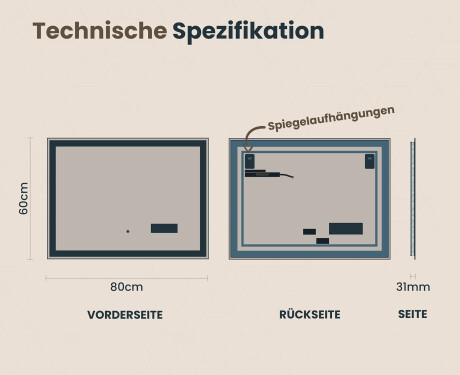 Rechteckiger Badspiegel mit LED Beleuchtung 80x60cm mit Dual color, Touch Schalter, Station - L01 #6