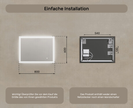 Badspiegel rechteckig mit Beleuchtung LED 80x60cm mit Dual color, Touch Schalter #7