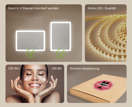 Rechteckiger Spiegel für Bad mit Beleuchtung LED 100x70cm mit Dual color, Touch Schalter #5
