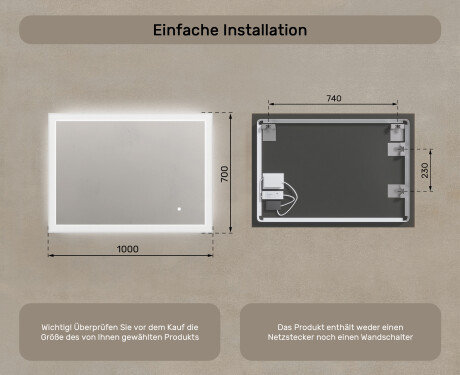 Rechteckiger Spiegel für Bad mit Beleuchtung LED 100x70cm mit Dual color, Touch Schalter #7