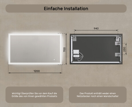 Rechteckiger Badezimmerspiegel mit Beleuchtung LED 120x70cm mit Dual color, Touch Schalter #7