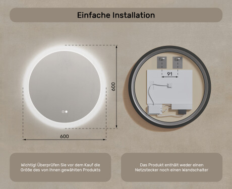 Badspiegel rund mit Beleuchtung LED 60cm mit Dual color, Touch Schalter, Heizmatte #8