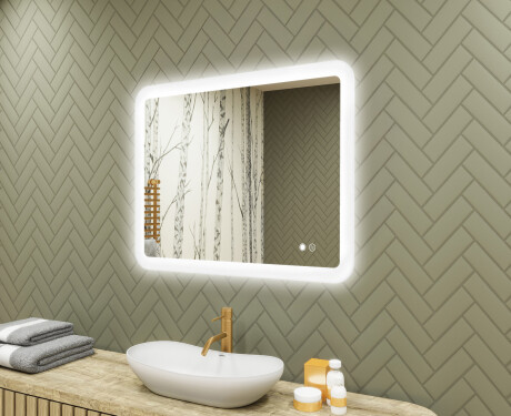 Abgerundeter Badezimmerspiegel mit LED-Beleuchtung, 80×60 cm, zweifarbig, Touch‑Schalter, Heizmatte