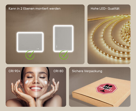 Abgerundeter Badezimmerspiegel mit LED-Beleuchtung, 80×60 cm, zweifarbig, Touch‑Schalter, Heizmatte #6