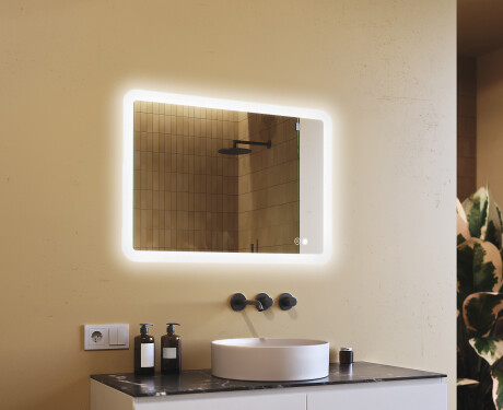 Abgerundeter Badezimmerspiegel mit LED-Beleuchtung, 100×70 cm, zweifarbig, Touch‑Schalter, Heizmatte
