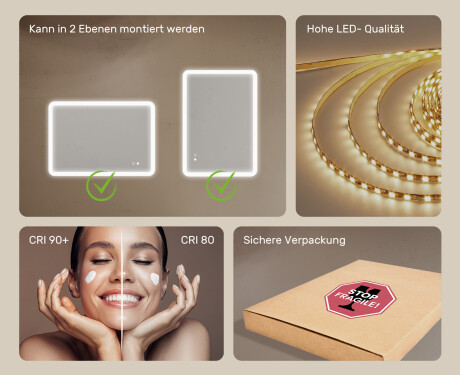 Abgerundeter Badezimmerspiegel mit LED-Beleuchtung, 100×70 cm, zweifarbig, Touch‑Schalter, Heizmatte #6