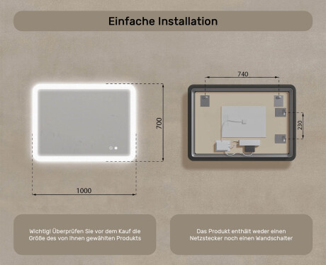 Abgerundeter Badezimmerspiegel mit LED-Beleuchtung, 100×70 cm, zweifarbig, Touch‑Schalter, Heizmatte #8