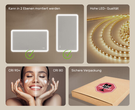 Abgerundeter Badezimmerspiegel mit LED-Beleuchtung, 120×70 cm, zweifarbig, Touch‑Schalter, Heizmatte #6