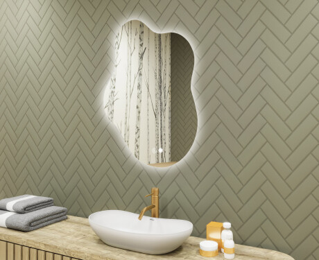 Unregelmäßiger Spiegel mit Beleuchtung, 74×94 cm, zweifarbig, Touch‑Schalter, Heizmatte