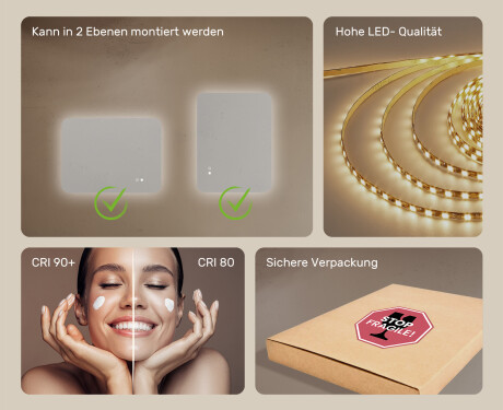 Abgerundeter Badezimmerspiegel mit LED-Beleuchtung, 80×60 cm, zweifarbig, Touch‑Schalter, Heizmatte #6