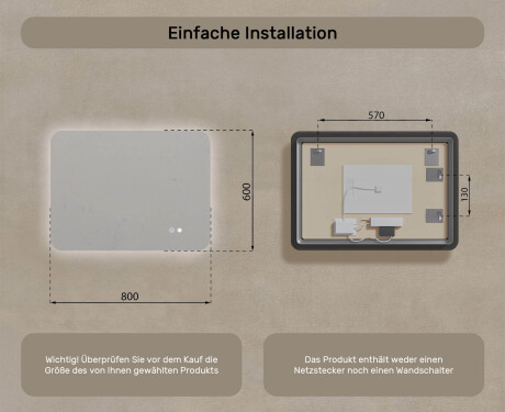 Abgerundeter Badezimmerspiegel mit LED-Beleuchtung, 80×60 cm, zweifarbig, Touch‑Schalter, Heizmatte #8