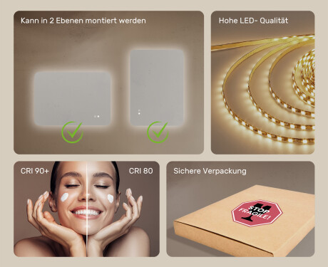 Abgerundeter Badezimmerspiegel mit LED-Beleuchtung, 100×70 cm, zweifarbig, Touch‑Schalter, Heizmatte #6