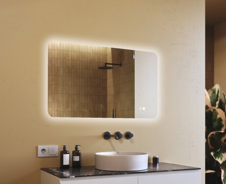 Abgerundeter Badezimmerspiegel mit LED-Beleuchtung, 120×70 cm, zweifarbig, Touch‑Schalter, Heizmatte