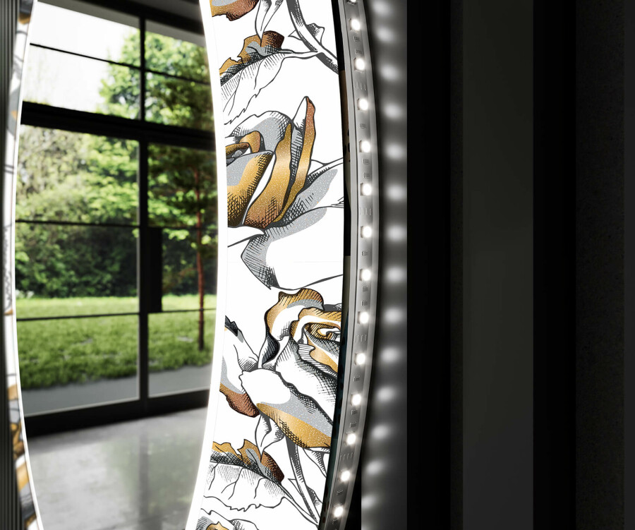Runder dekorativer Spiegel mit LED-Beleuchtung für den Flur - Golden  Flowers - Artforma