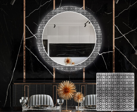 Runder dekorativer Spiegel mit LED-Beleuchtung für das Esszimmer - Black and White Mosaic #1