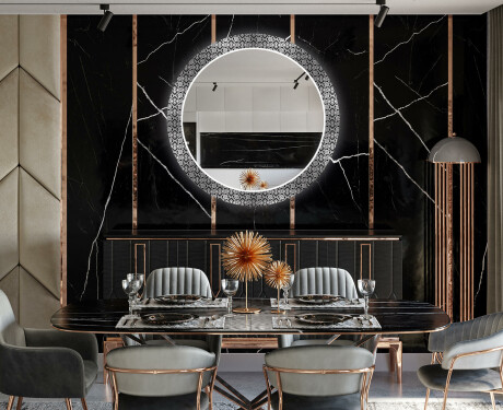 Runder dekorativer Spiegel mit LED-Beleuchtung für das Esszimmer - Black and White Mosaic #12