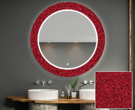 Runder dekorativer Spiegel mit LED-Beleuchtung für das Badezimmer - Red Mosaic #1