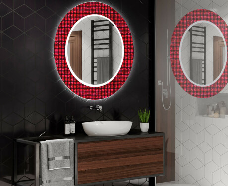 Runder dekorativer Spiegel mit LED-Beleuchtung für das Badezimmer - Red Mosaic #2