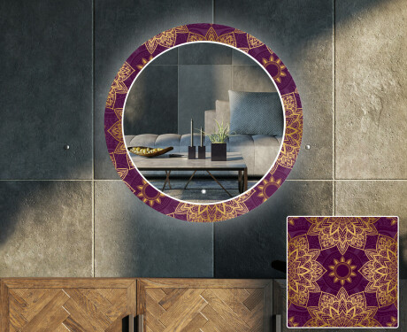 Runder dekorativer Spiegel mit LED-Beleuchtung für das Wohnzimmer - Gold Mandala