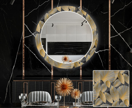 Runder dekorativer Spiegel mit LED-Beleuchtung für das Esszimmer - Golden Leaves #1