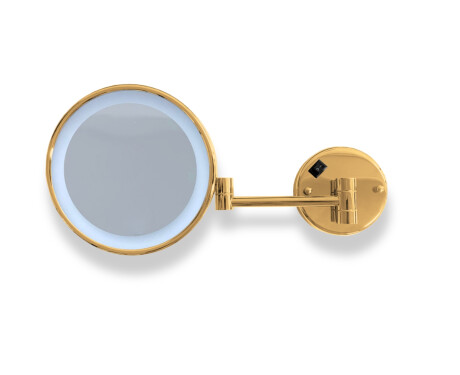 Kosmetikspiegel mit 3-facher Vergrößerung, rund, LED-Beleuchtung mit neutraler Lichtfarbe, schwenkbar, doppelter beweglicher Arm / goldglänzend