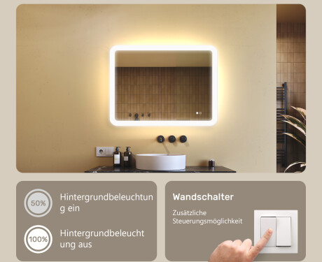 Abgerundeter Badezimmerspiegel mit LED-Beleuchtung, zweifarbig, Touch‑Schalter, Heizmatte #4