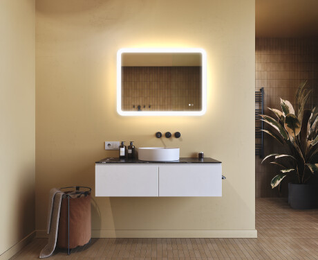 Abgerundeter Badezimmerspiegel mit LED-Beleuchtung, zweifarbig, Touch‑Schalter, Heizmatte #9