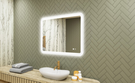 Abgerundeter Badezimmerspiegel mit LED-Beleuchtung, zweifarbig, Touch‑Schalter, Heizmatte